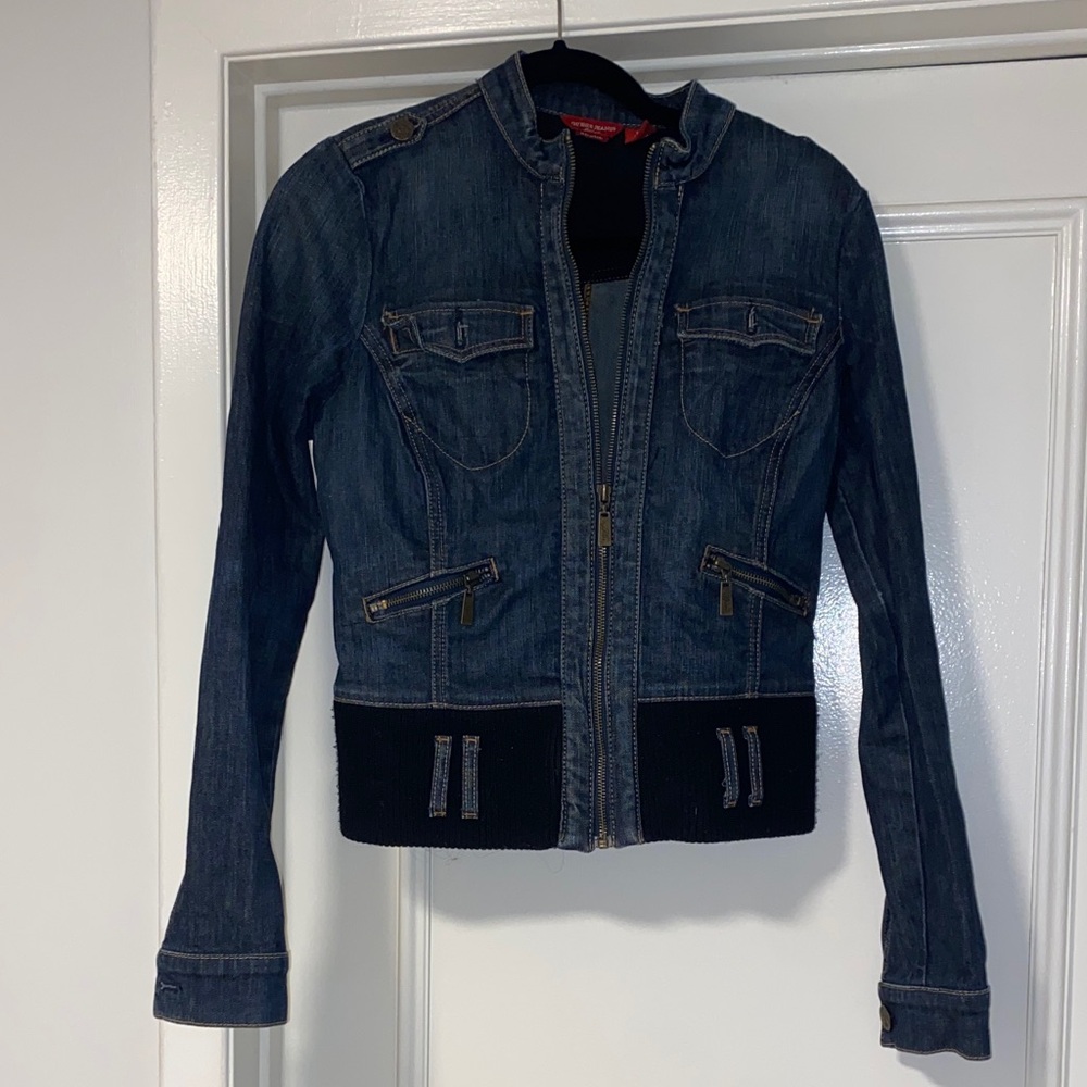 Guess Dark Blue Denim Zip Jacket with Black Rib Hem